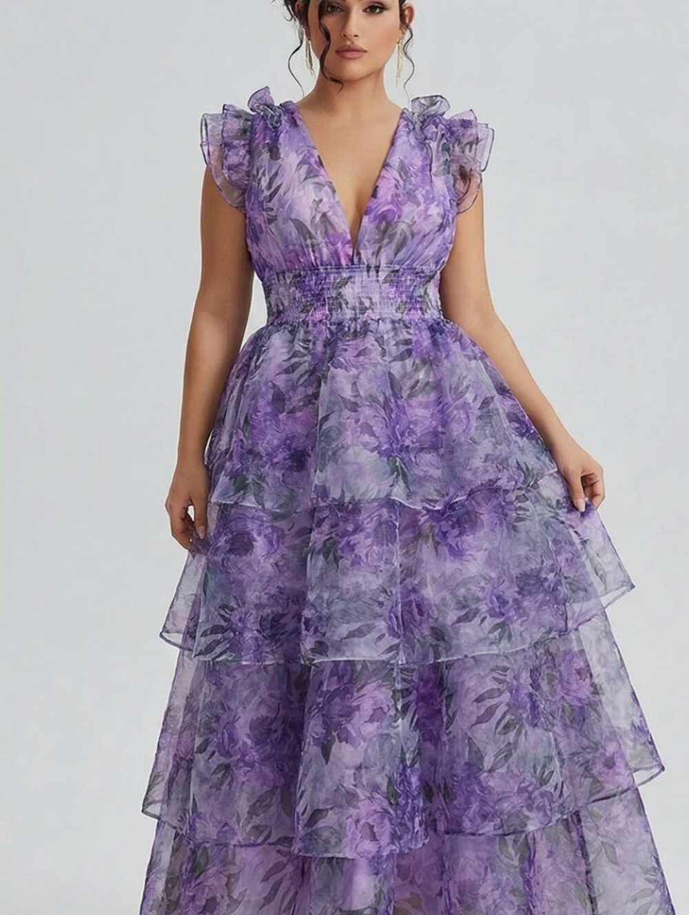 NEW NWT Curveins Lavender Floral Tiered V-Neck Maxi Dress Sz 4XL